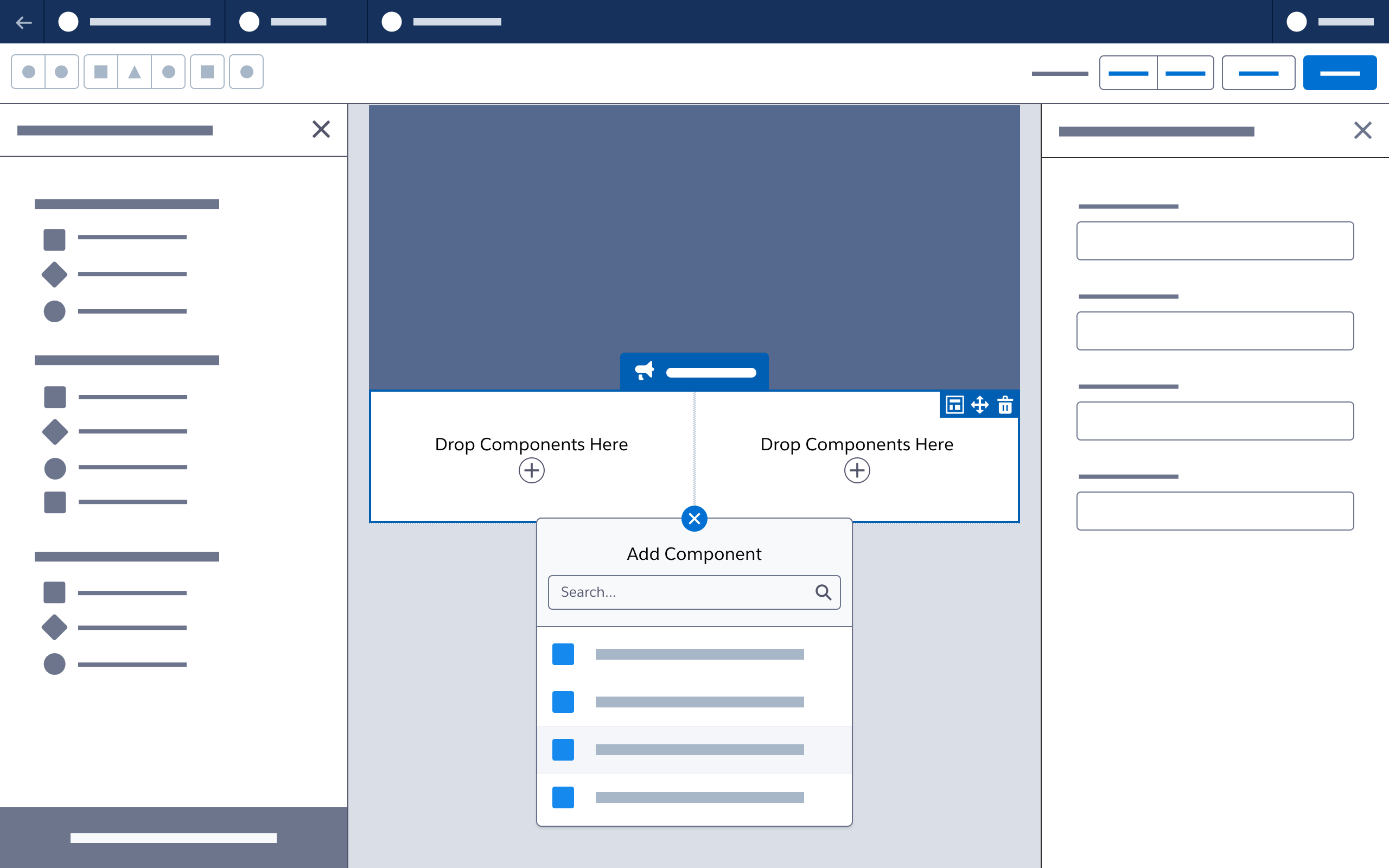 A wireframe showing click to create being used to add a component below an existing row